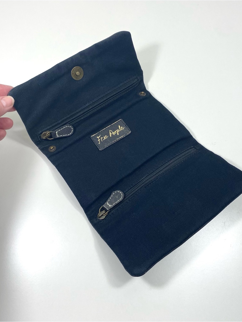 Free People Duet Distressed Black Buffalo Leather Trifold Clutch Wallet Purse